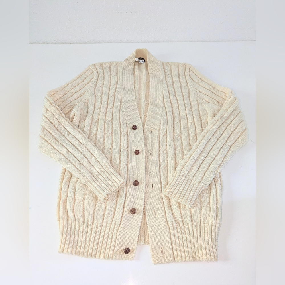 Wool Vintage Women's Cream Cable Knit Cardigan Sweater | Size Large